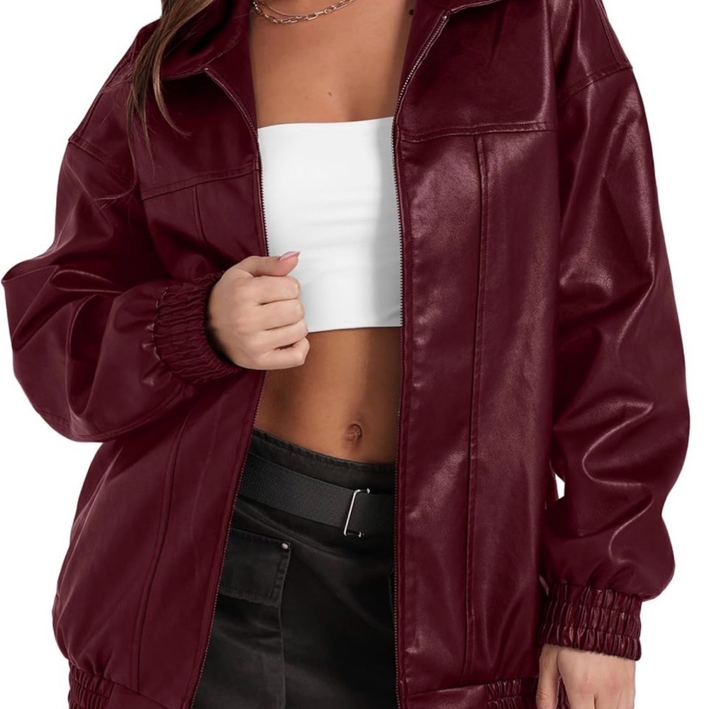 Women's Burgundy Leather Bomber Jacket